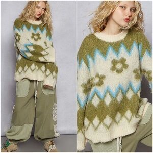 POL Fuzzy Round Neck Floral Print Loose Fit Sweater top